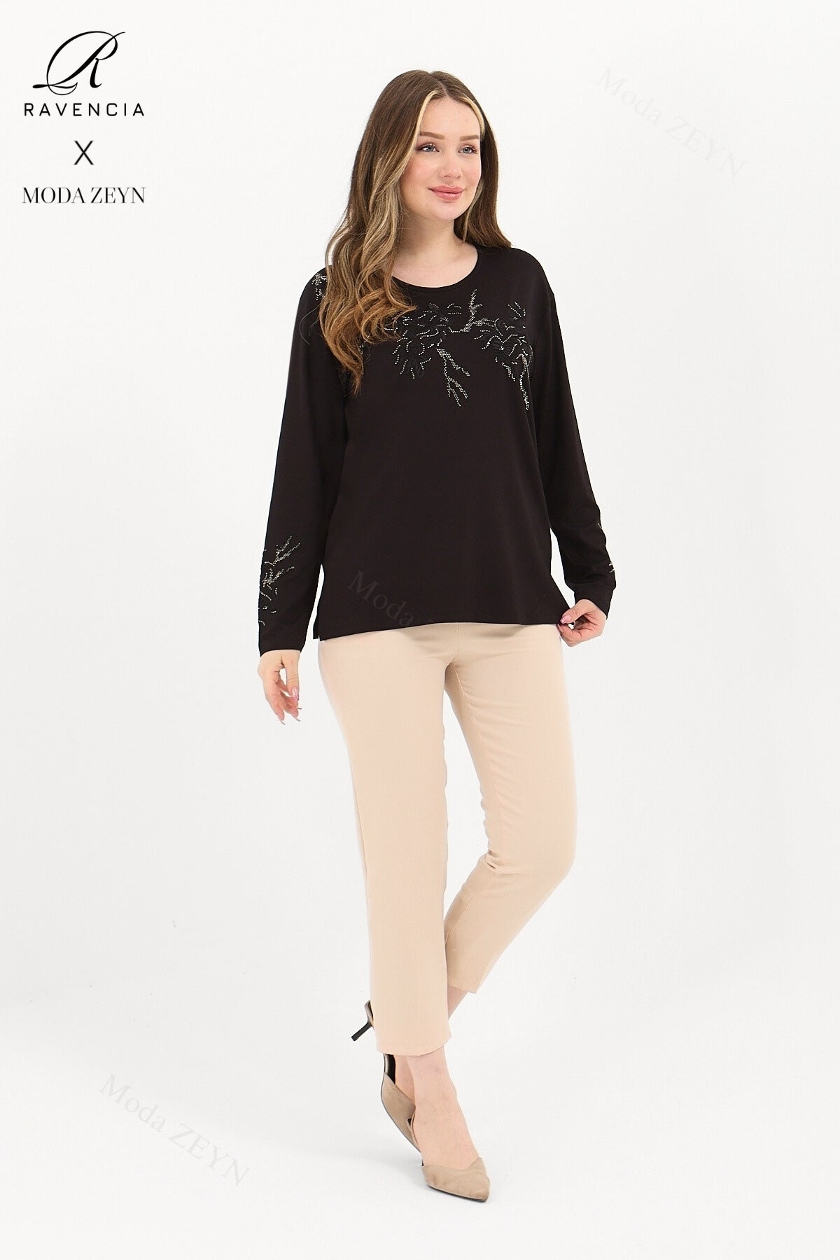 Kadın Orta Yaş Ve Üzeri Viskon Ağaç Desen Taşlı Işlemeli Likralı Anne Penye Bluz