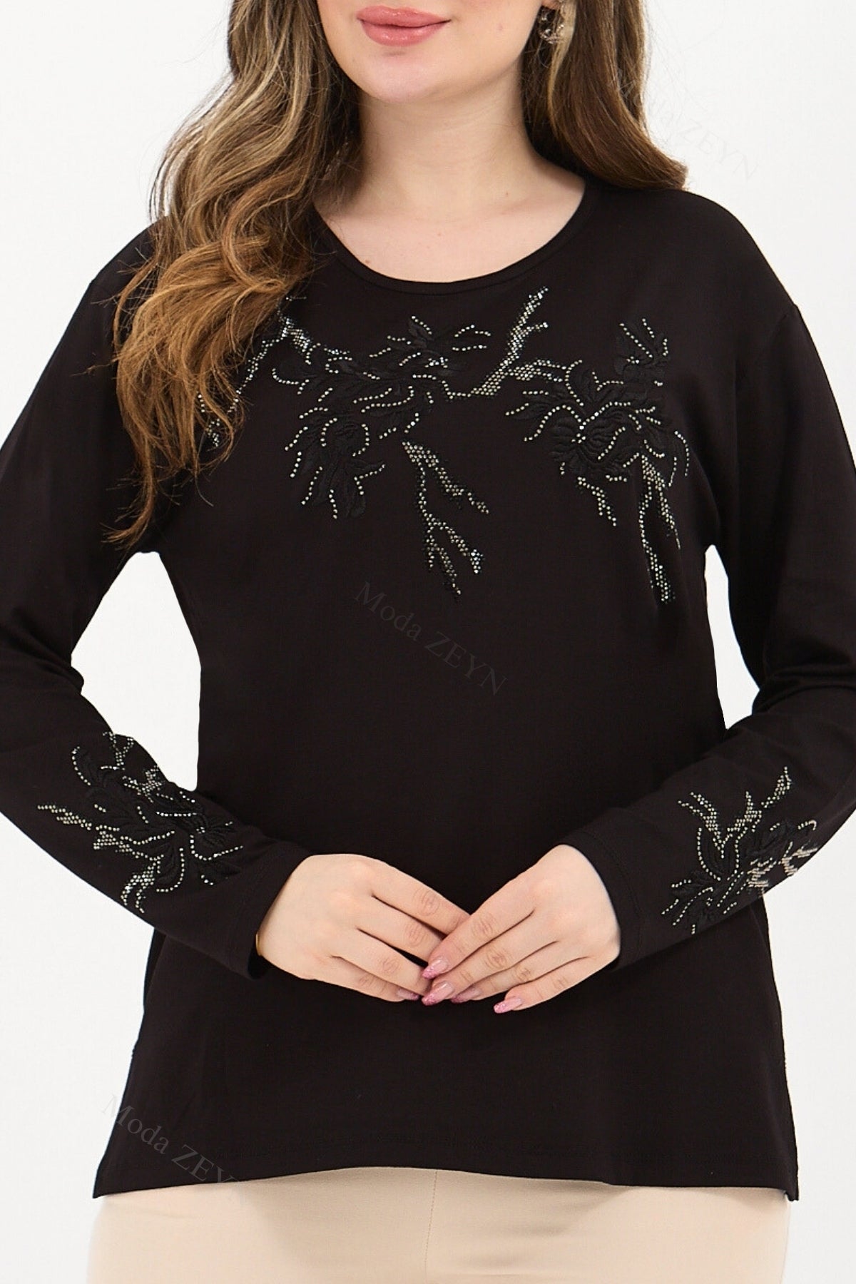 Kadın Orta Yaş Ve Üzeri Viskon Ağaç Desen Taşlı Işlemeli Likralı Anne Penye Bluz