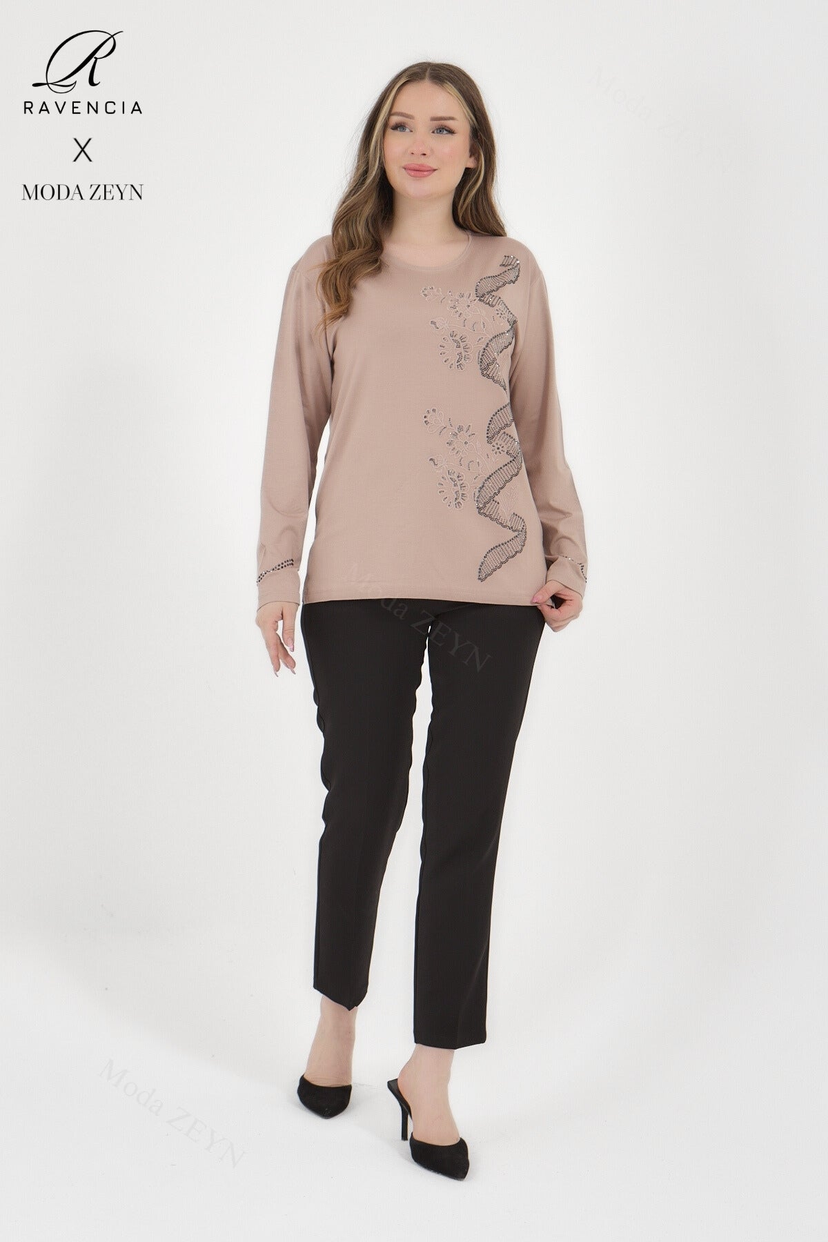 Kadın Orta Yaş Ve Üzeri Viskon Sarmal Desen Taşlı İşlemeli Likralı Yesil Anne Penye Bluz