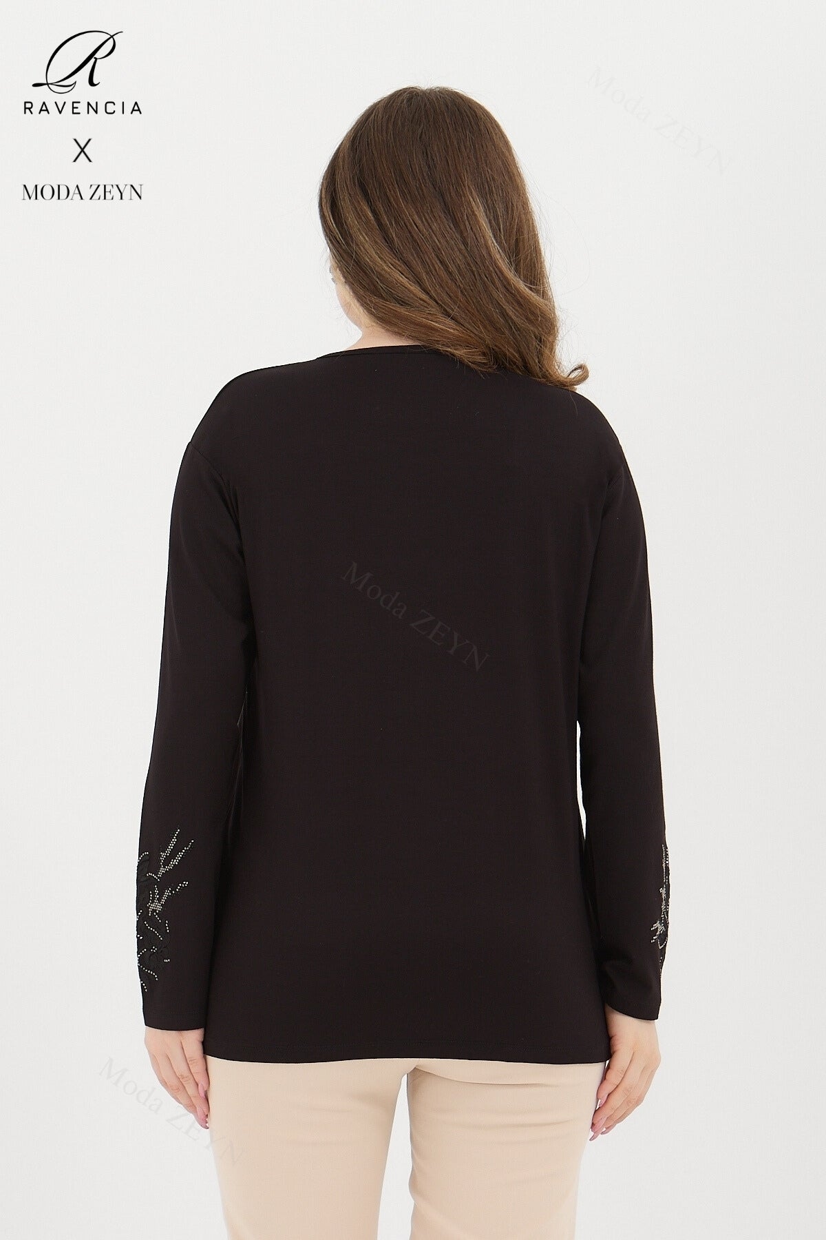 Kadın Viskon Ağaç Desen Taşlı Işlemeli Likralı Anne Penye Bluz