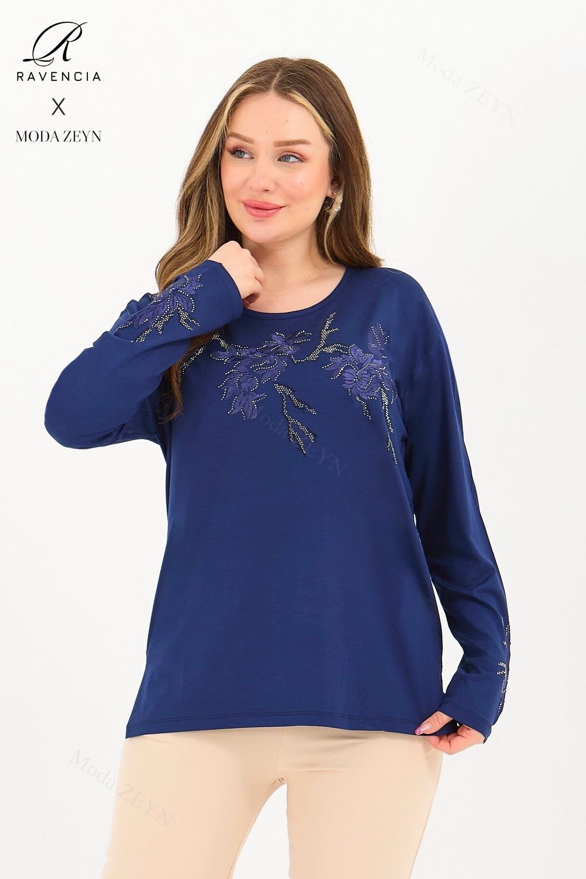 Kadın Viskon Ağaç Desen Taşlı Işlemeli Likralı Anne Penye Bluz