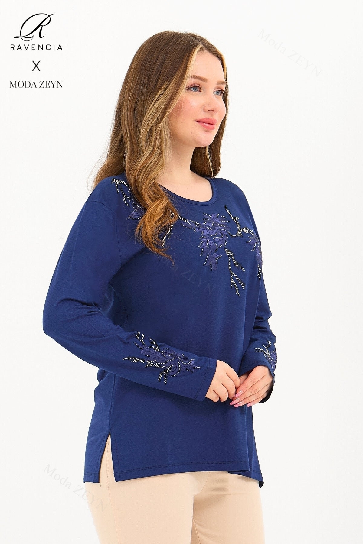 Kadın Orta Yaş Ve Üzeri Viskon Ağaç Desen Taşlı Işlemeli Likralı Anne Penye Bluz