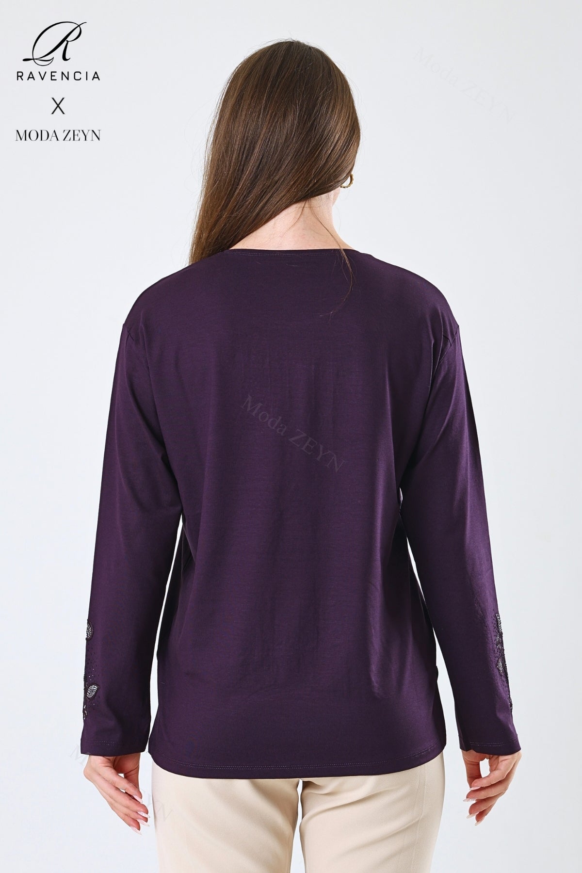 Kadın Çift Damla Dal Desenli Taşlı Işlemeli Yırtmaçlı Likralı Viskon Anne Penye Bluz