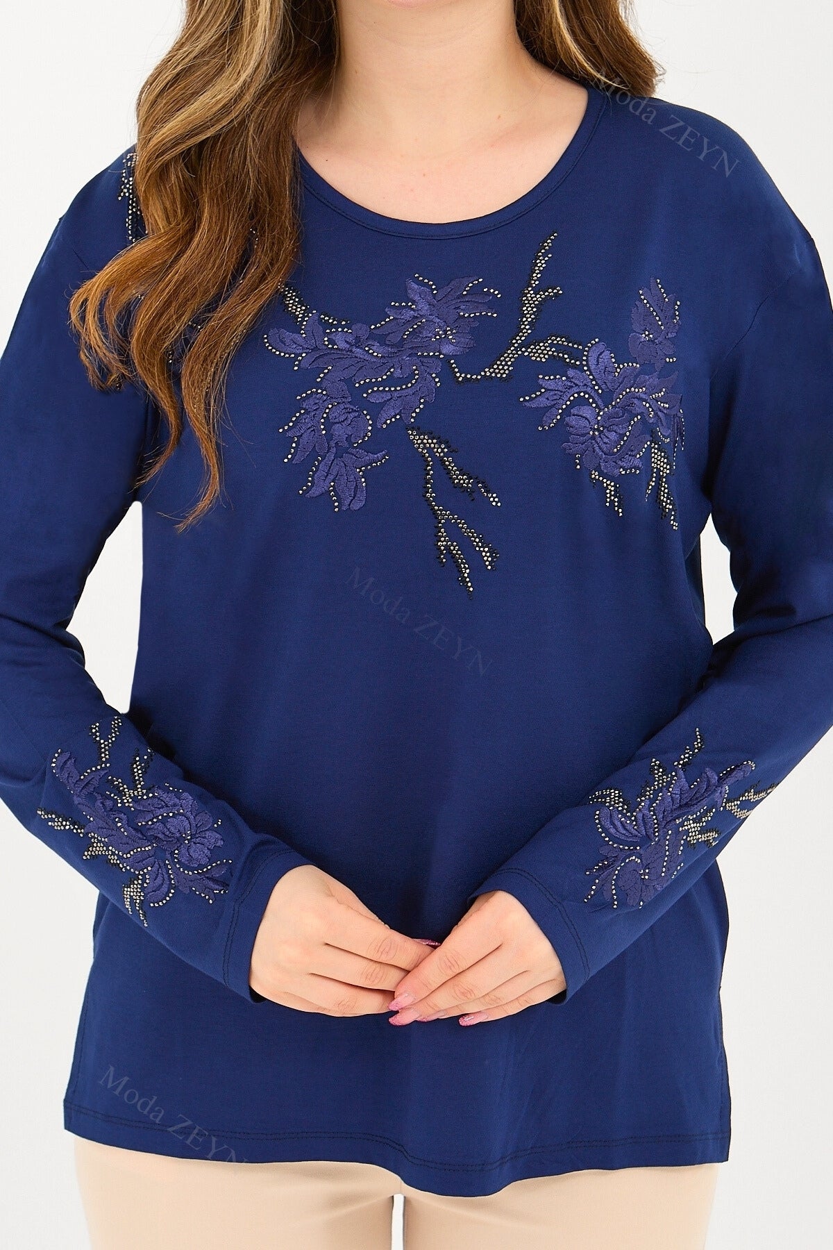 Kadın Orta Yaş Ve Üzeri Viskon Ağaç Desen Taşlı Işlemeli Likralı Anne Penye Bluz