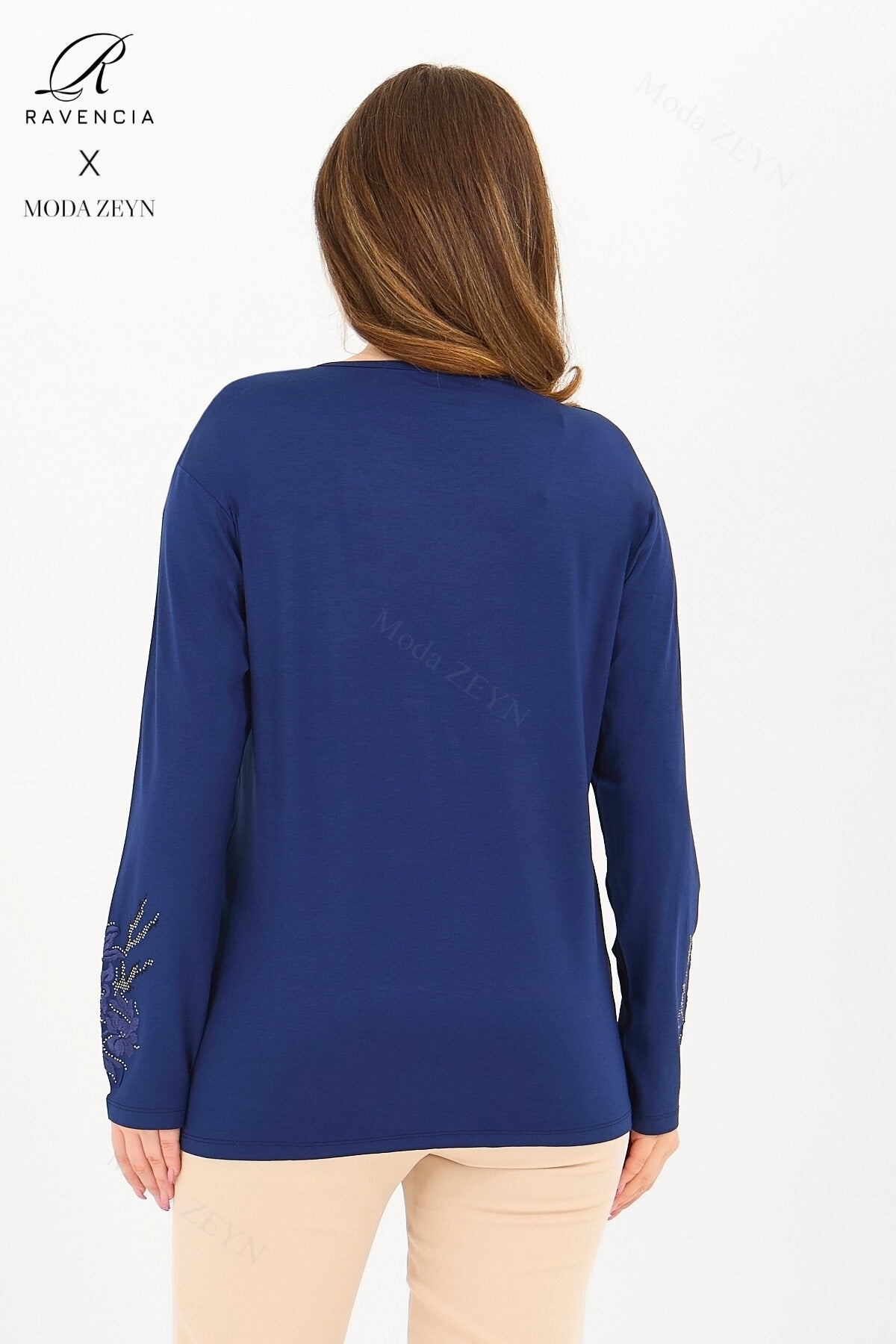 Kadın Viskon Ağaç Desen Taşlı Işlemeli Likralı Anne Penye Bluz