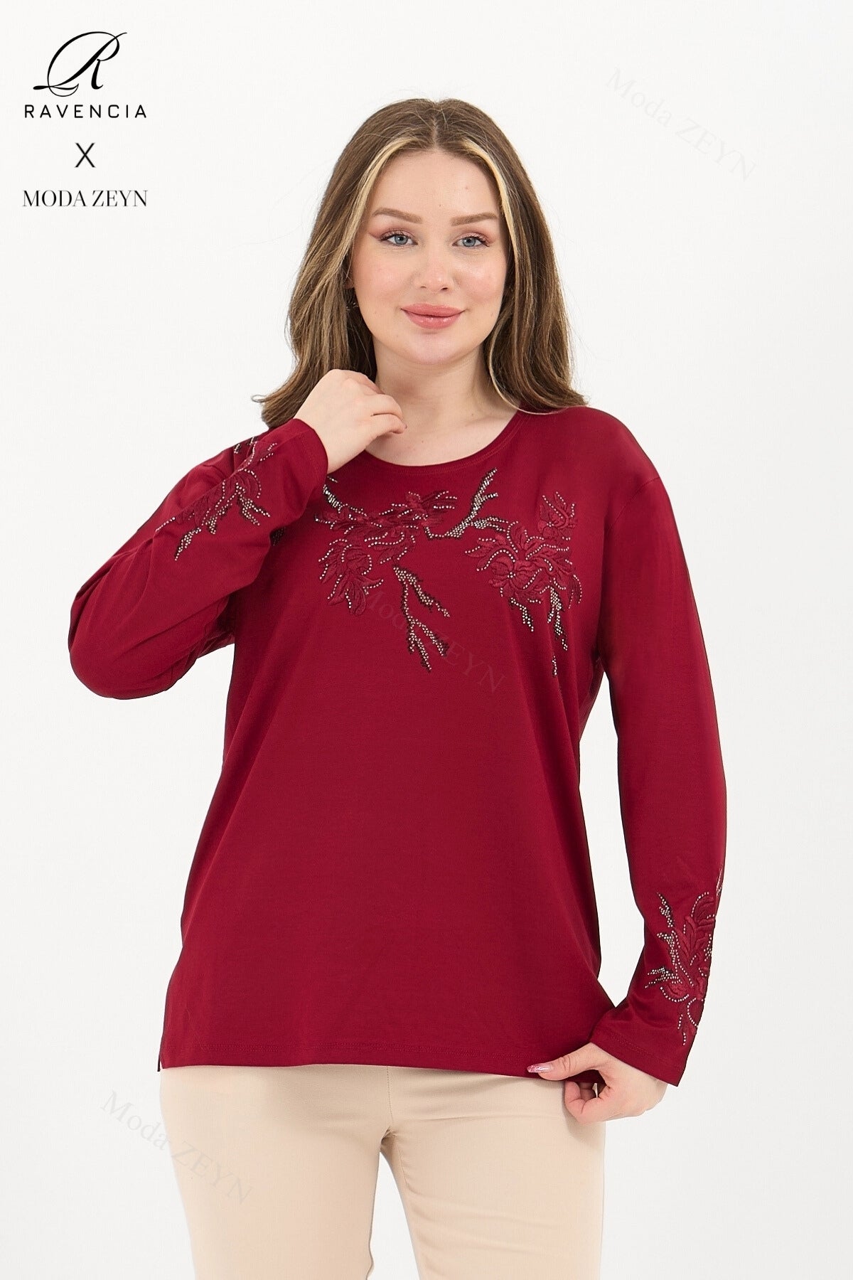 Kadın Orta Yaş Ve Üzeri Viskon Ağaç Desen Taşlı Işlemeli Likralı Anne Penye Bluz