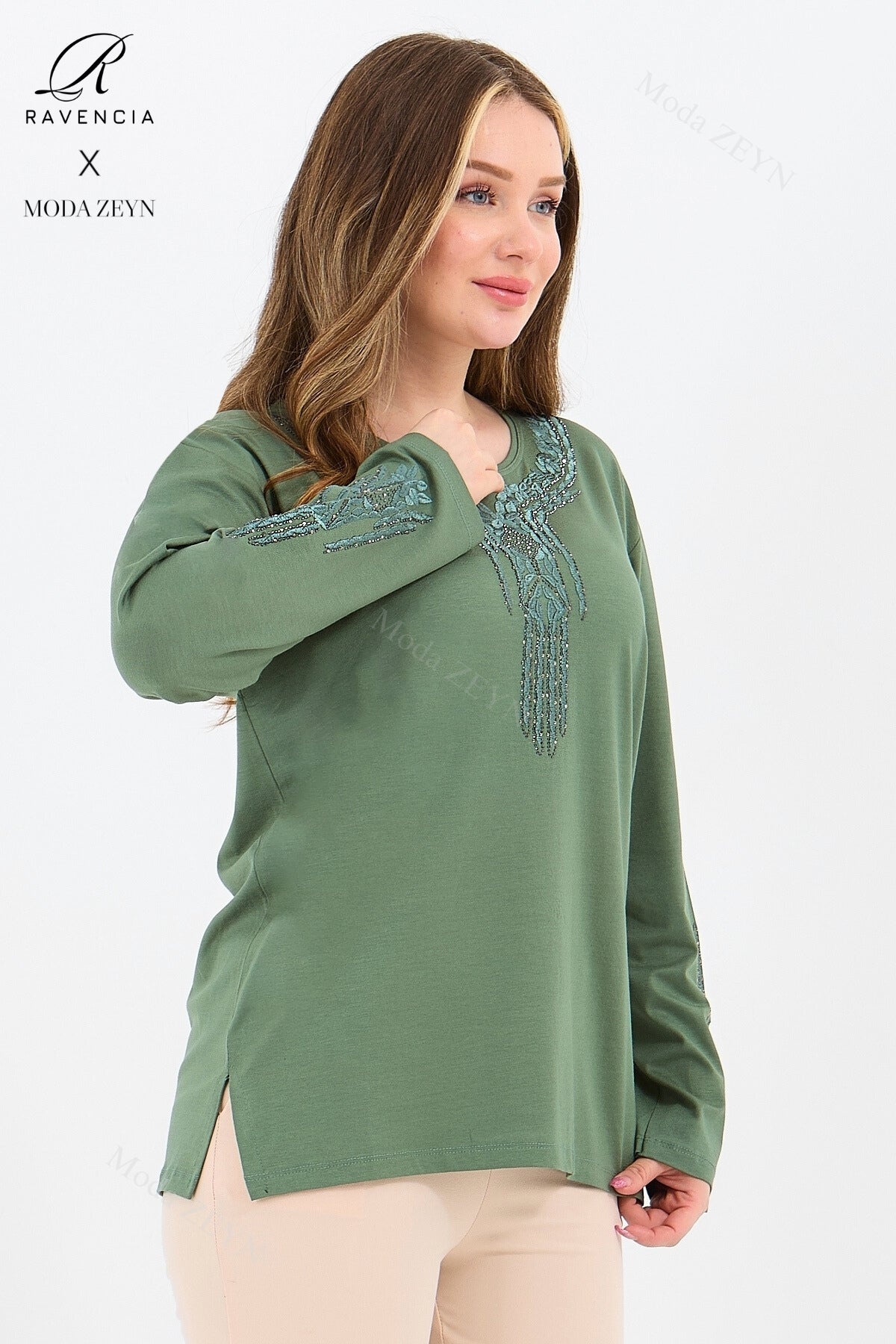 Kadın Orta Yaş Ve Üzeri Viskon Madolyon Desen Taşlı Işlemeli Likralı Anne Penye Bluz