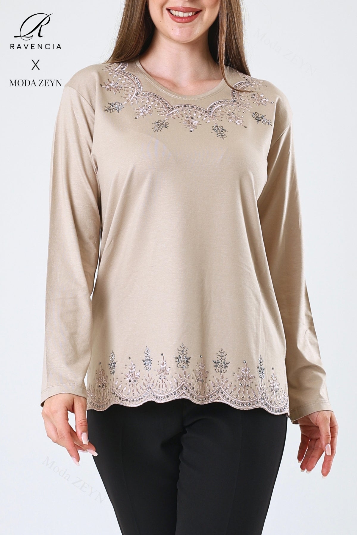 Kadın Orta Yaş Ve Üzeri Viskon Yaprak Desenli Eteği Yakası Taşlı Işlemeli Likralı Zümrüt Anne Penye