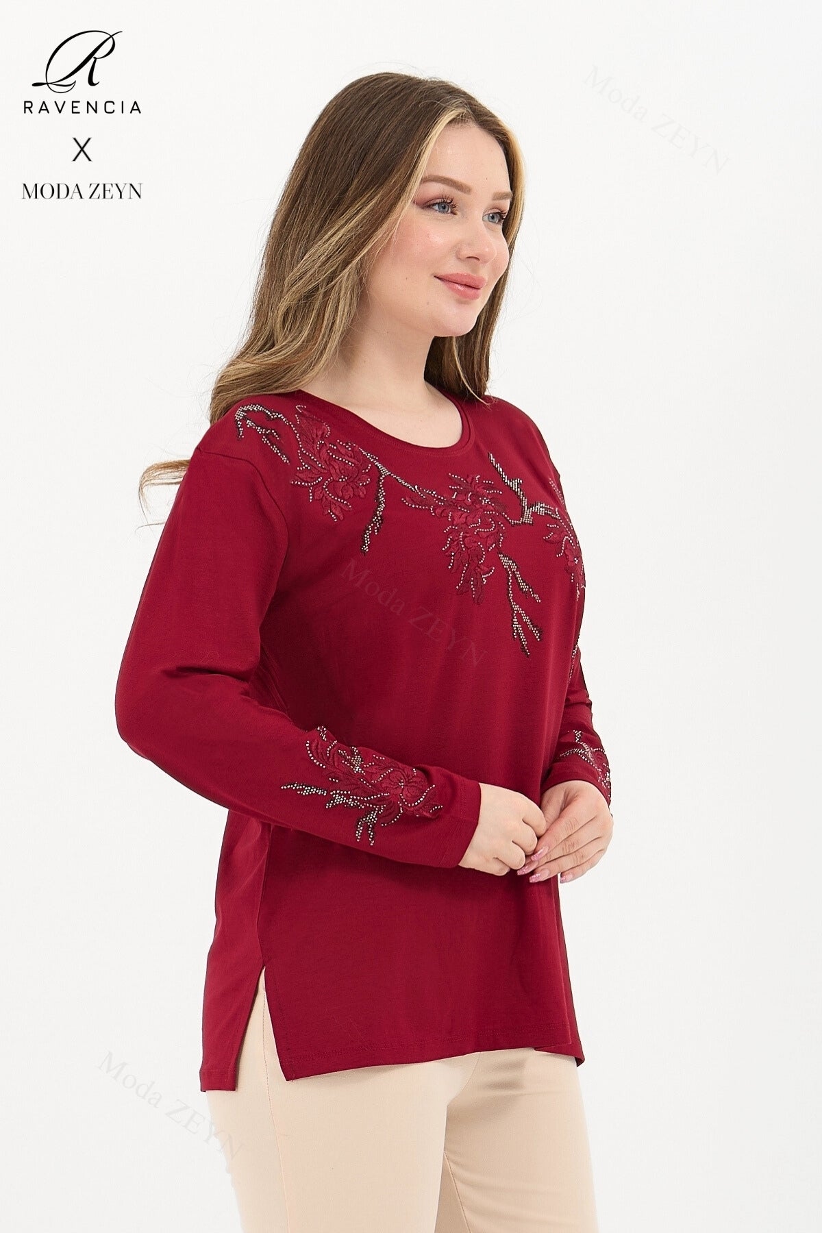 Kadın Orta Yaş Ve Üzeri Viskon Ağaç Desen Taşlı Işlemeli Likralı Anne Penye Bluz