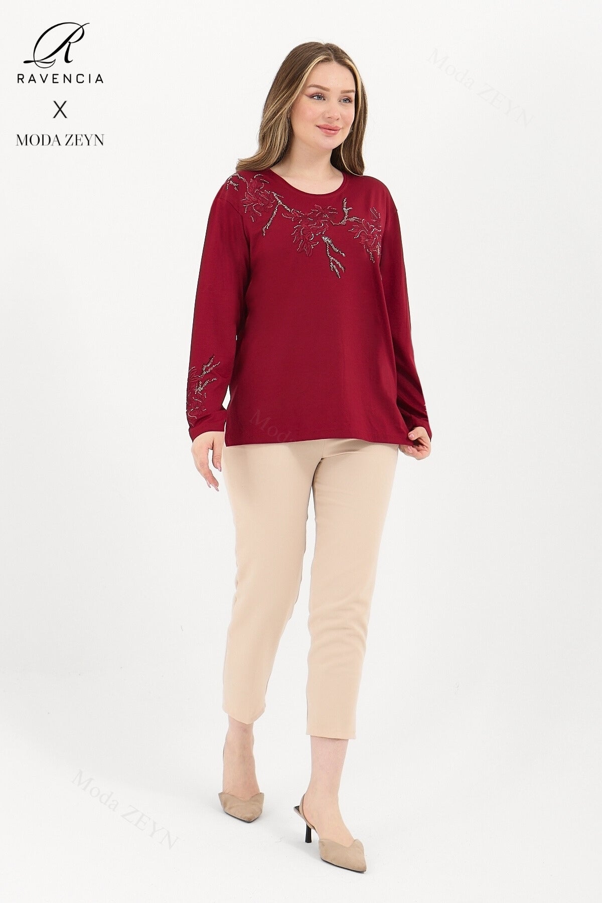 Kadın Orta Yaş Ve Üzeri Viskon Ağaç Desen Taşlı Işlemeli Likralı Anne Penye Bluz