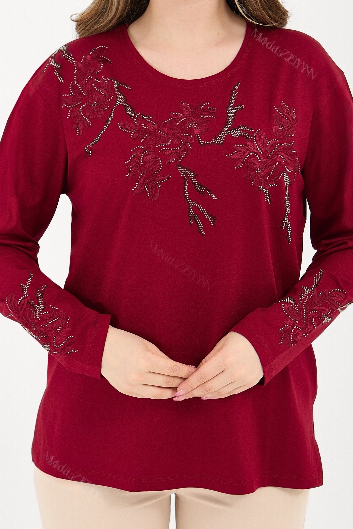 Kadın Orta Yaş Ve Üzeri Viskon Ağaç Desen Taşlı Işlemeli Likralı Anne Penye Bluz