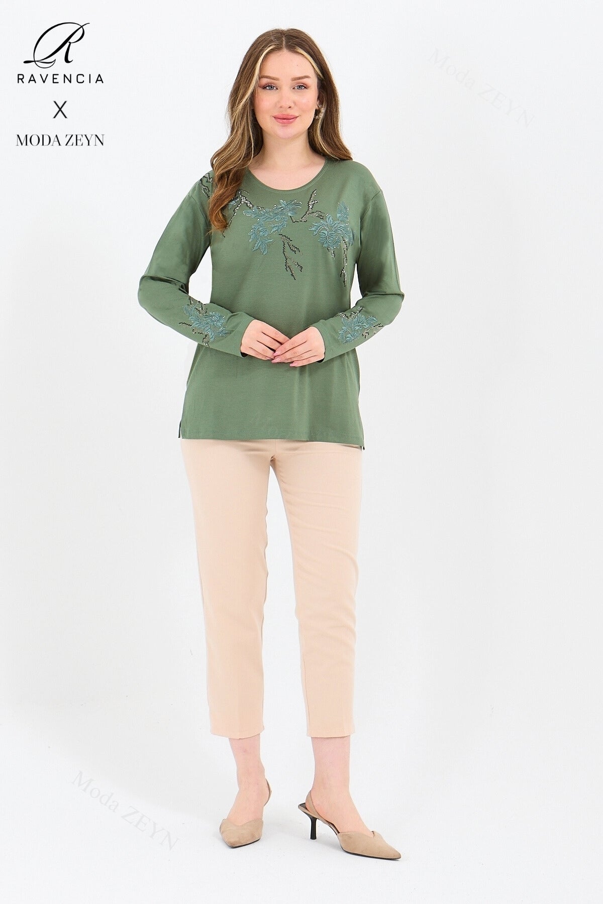 Kadın Orta Yaş Ve Üzeri Viskon Ağaç Desen Taşlı Işlemeli Likralı Anne Penye Bluz