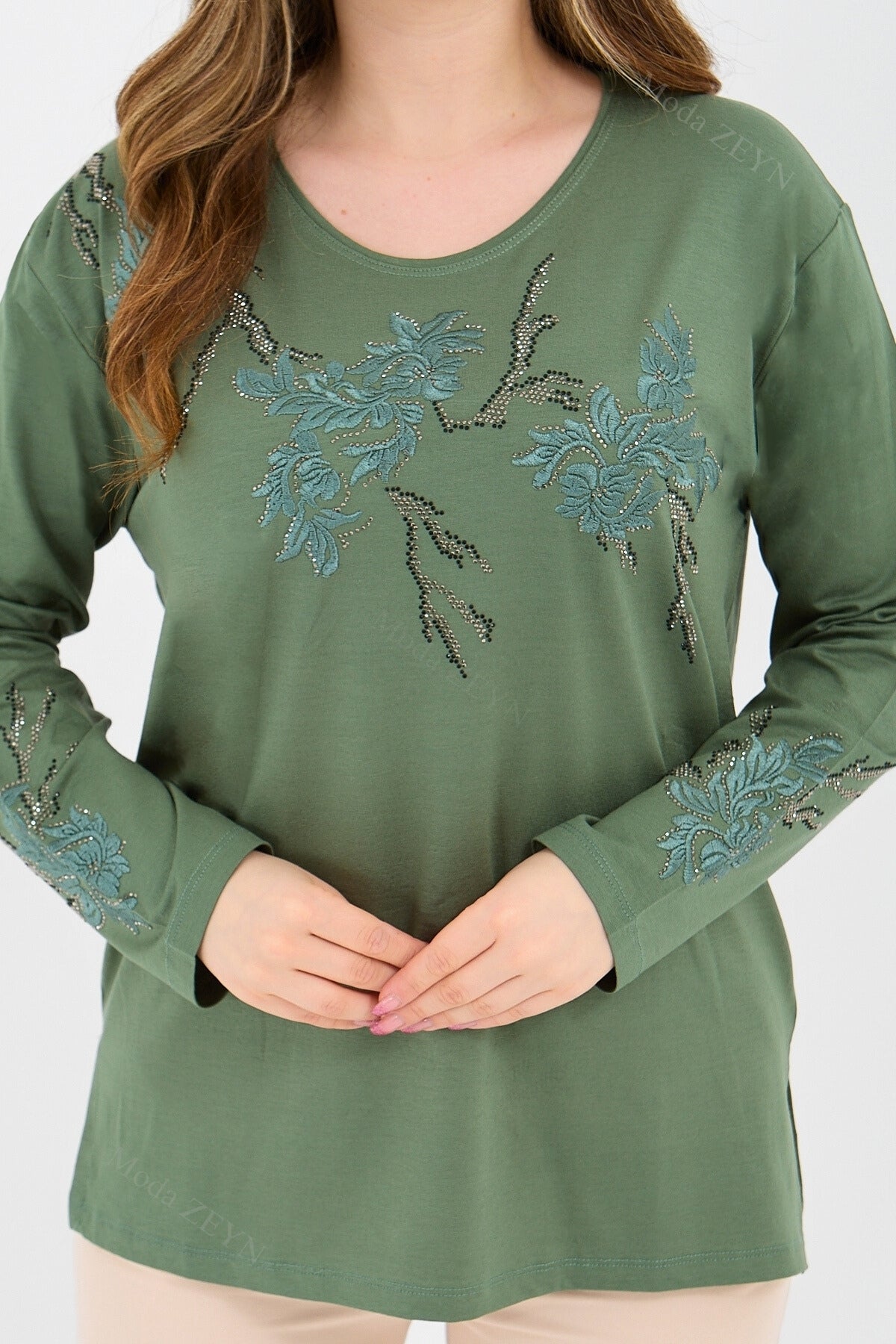 Kadın Viskon Ağaç Desen Taşlı Işlemeli Likralı Anne Penye Bluz