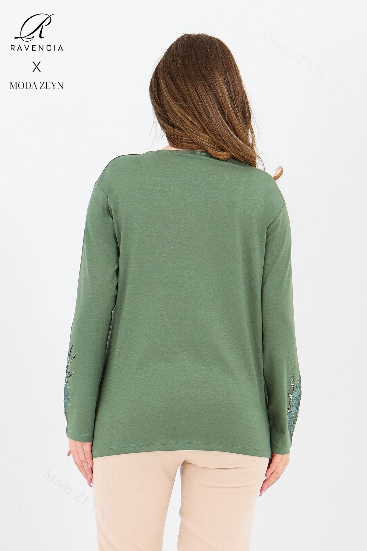 Kadın Orta Yaş Ve Üzeri Viskon Ağaç Desen Taşlı Işlemeli Likralı Anne Penye Bluz