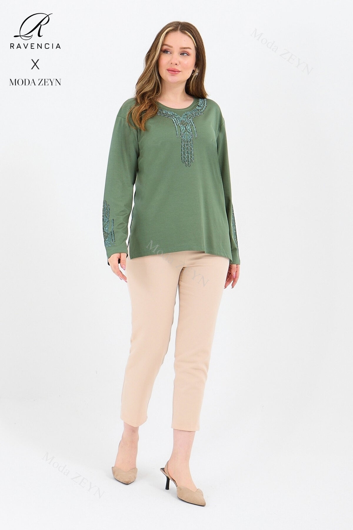 Kadın Orta Yaş Ve Üzeri Viskon Madolyon Desen Taşlı Işlemeli Likralı Anne Penye Bluz