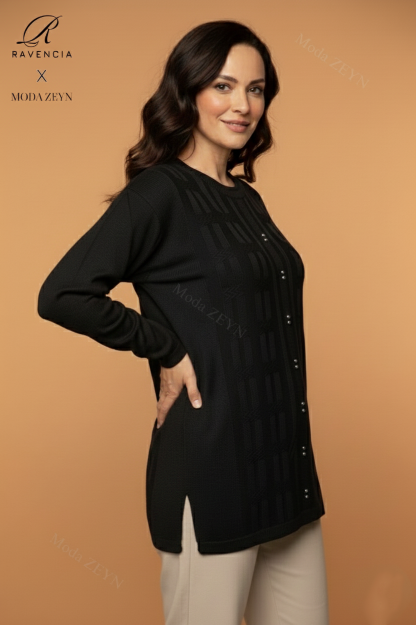 Kadın Bisiklet Yaka Likralı Desenli Triko Anne Kazak