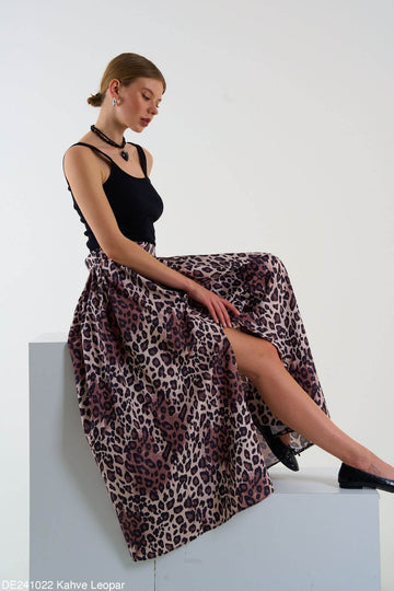 Kadın Leopar Desenli Yırtmaçlı Etek