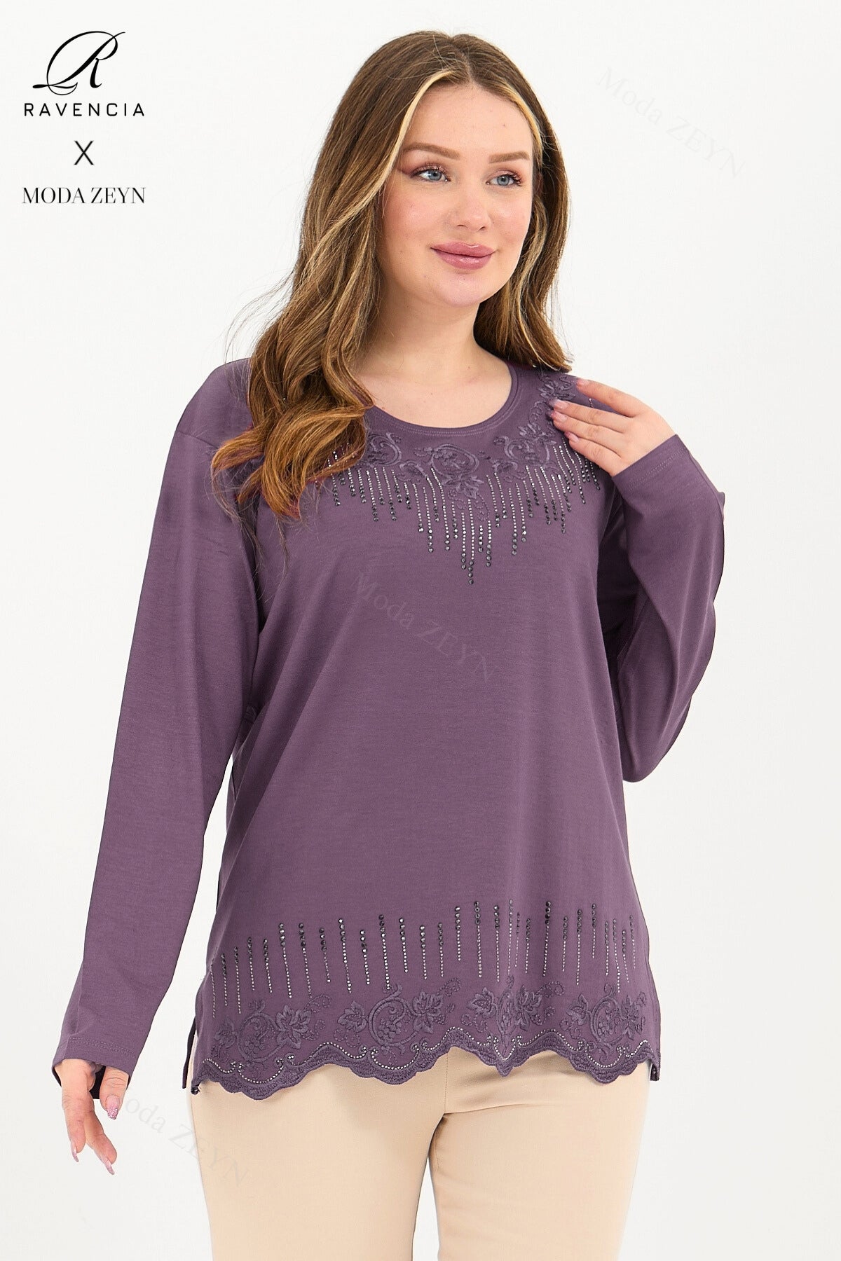 Kadın Damla Desen Taşlı İşlemeli Likralı Yırtmaçlı Viskon Anne Penye Bluz