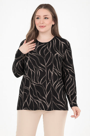 Kadın Orta Yaş Ve Üzeri Baskı Desenli Simli Likralı Yırtmaçlı Siyah Anne Penye Bluz