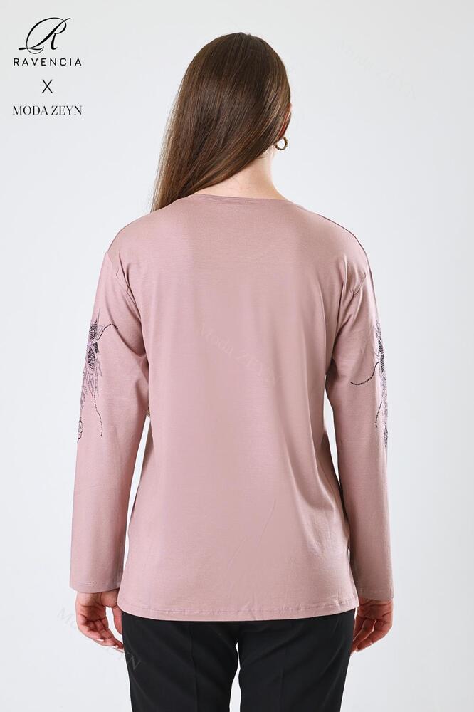 Kadın Orta Yaş Ve Üzeri Viskon Çiçek Desen Taşlı Işlemeli Likralı Anne Penye Bluz