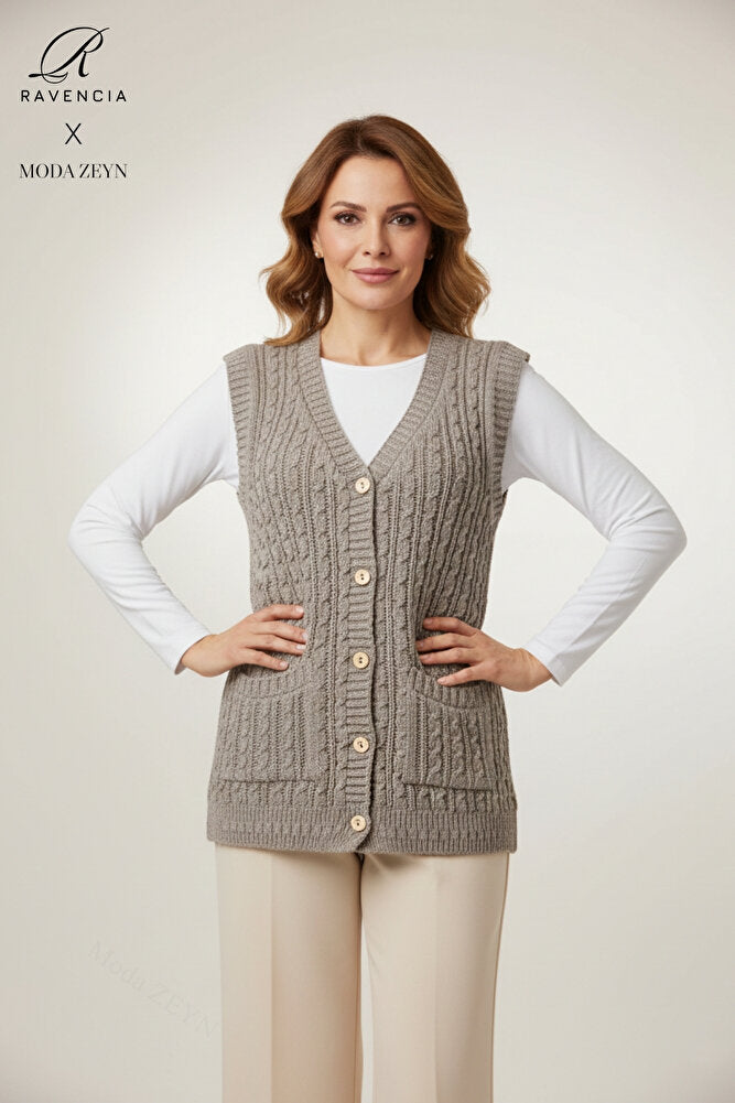 Kadın V Yaka Kalın Yün Saç Örgü Triko Düğmeli Cepli Anne Yelek