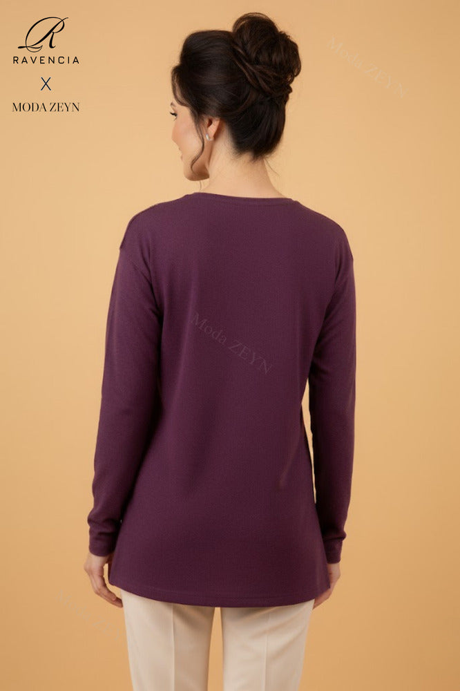 Kadın Damla Desenli Taşlı Likralı Yırtmaçlı Yün Anne Penye Bluz