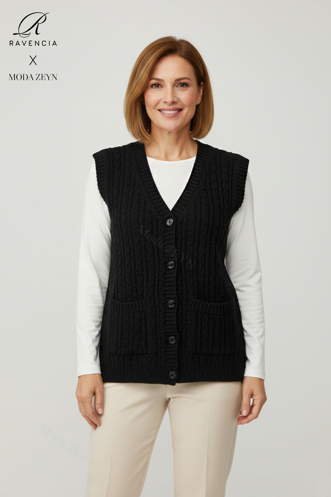 Kadın V Yaka Kalın Yün Saç Örgü Triko Düğmeli Cepli Anne Yelek