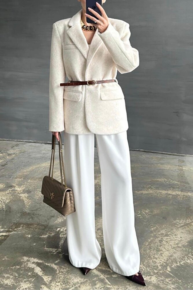 Kadın Premium Kalite Kemerli Peluş Blazer Ceket