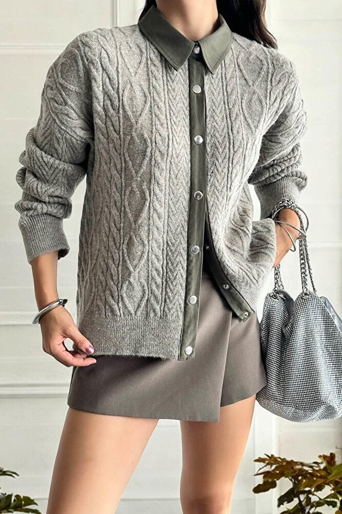 Kadın Vizon Polo Yakalı Çıtçıtlı Saç Örgü Triko Hırka