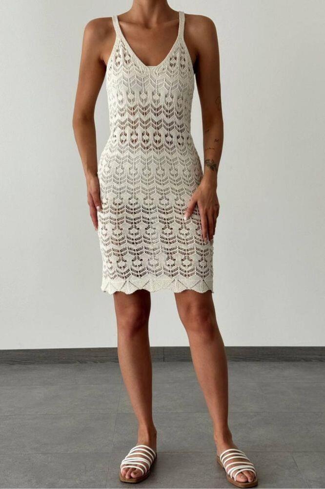 Kadın Ajurlu Askılı Krem Plaj Elbisesi