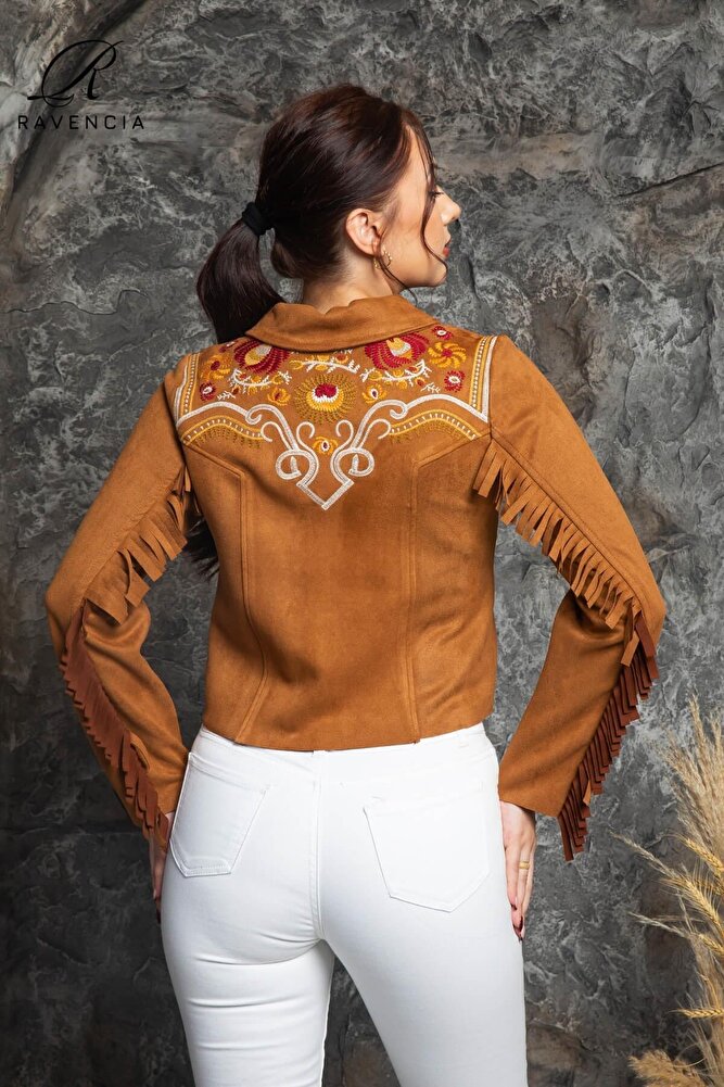 Kadın Western Süet Püsküllü Nakışlı Ceket