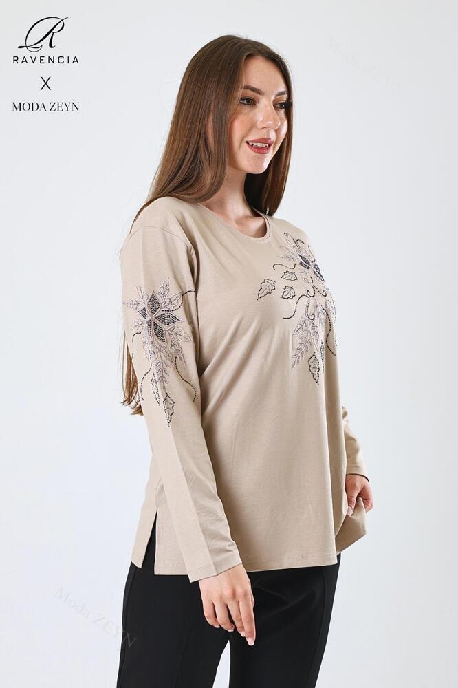 Kadın Orta Yaş Ve Üzeri Viskon Çiçek Desen Taşlı Işlemeli Likralı Anne Penye Bluz