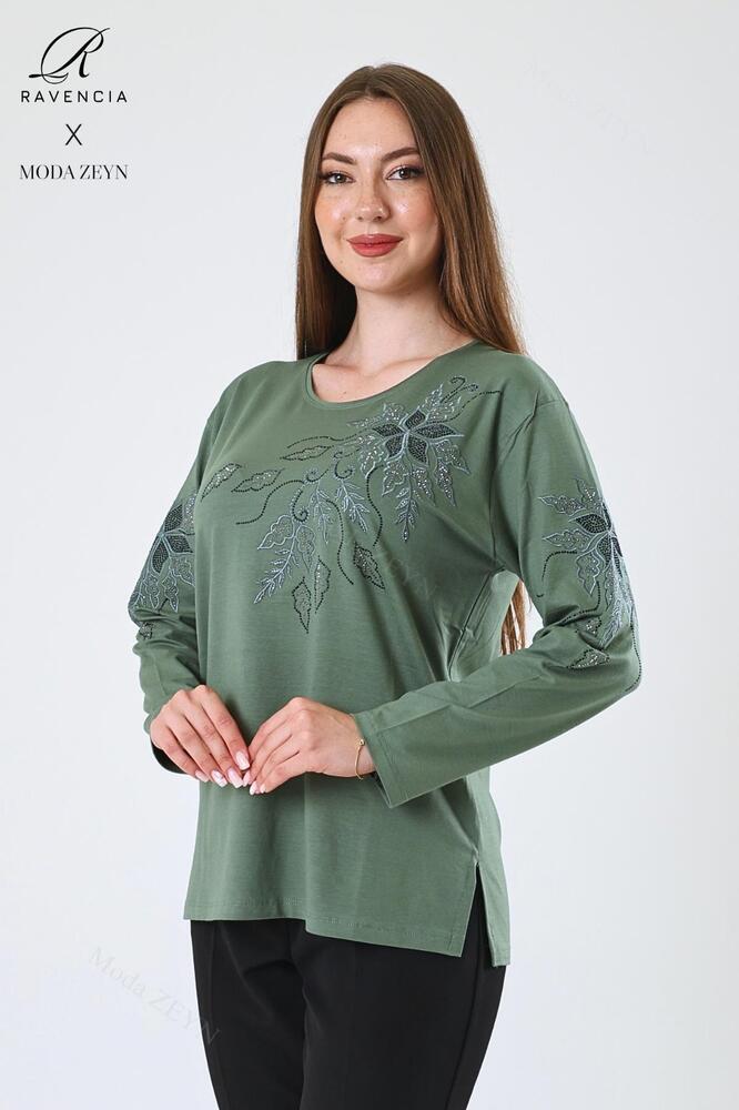 Kadın Orta Yaş Ve Üzeri Viskon Çiçek Desen Taşlı Işlemeli Likralı Anne Penye Bluz