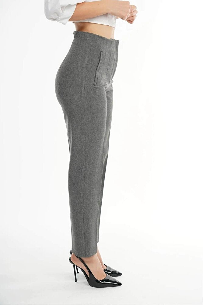 Kadın Model Yüksek Bel Kumaş Koyu Kırmızı Pantolon