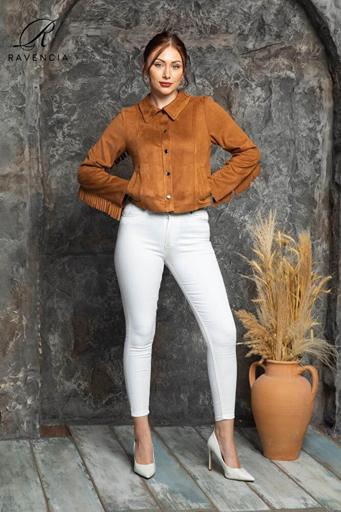 Kadın Western Süet Püsküllü Nakışlı Ceket