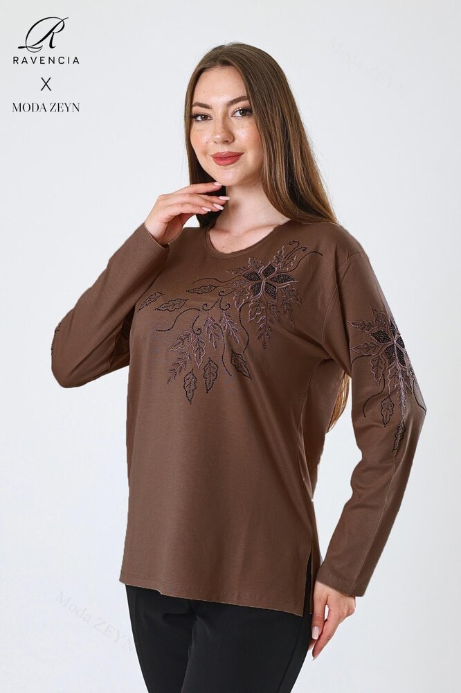 Kadın Orta Yaş Ve Üzeri Viskon Çiçek Desen Taşlı Işlemeli Likralı Anne Penye Bluz