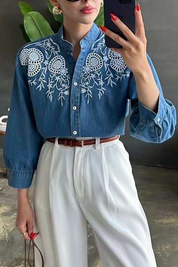 Kadın %100 Pamuk Hakim Yaka Ajurlu Gömlek