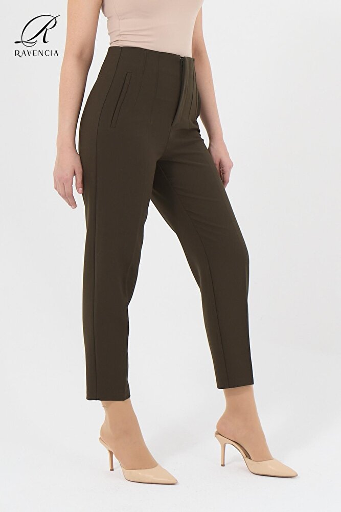 Kadın Model Yüksek Bel Kumaş Koyu Kırmızı Pantolon