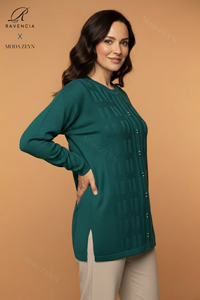 Kadın Bisiklet Yaka Likralı Desenli Triko Anne Kazak