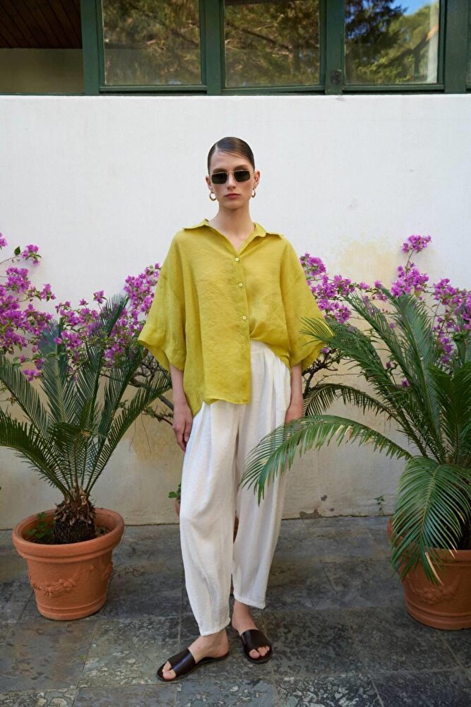 Kadın Yarım Kol Oversize İpeksi Gömlek