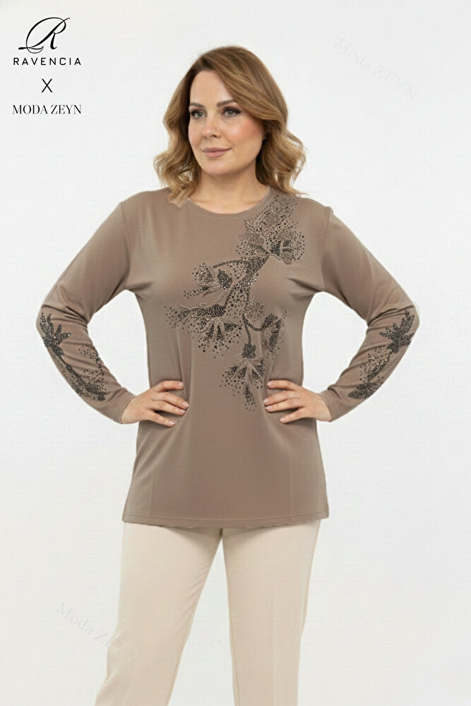 Kadın Orta Yaş Ve Üzeri Viskon Yapraklı Desen Taşlı Yırtmaçlı İşlemeli Likralı Anne Penye Bluz