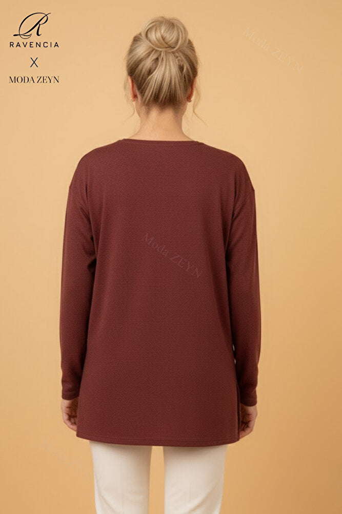 Kadın Çiçek Desenli Taşlı Likralı Yırtmaçlı Yün Anne Penye Bluz