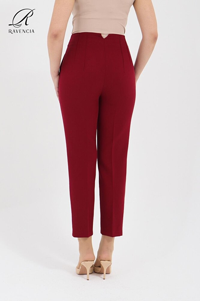 Kadın Model Yüksek Bel Kumaş Koyu Kırmızı Pantolon