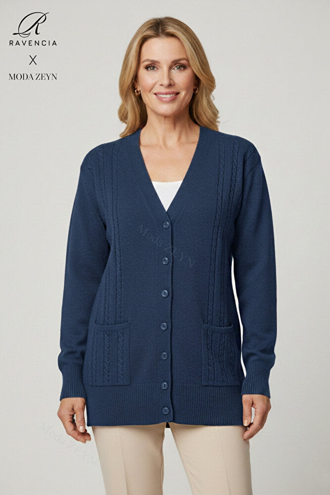 Kadın V Yaka Düğmeli Triko Anne Hırka