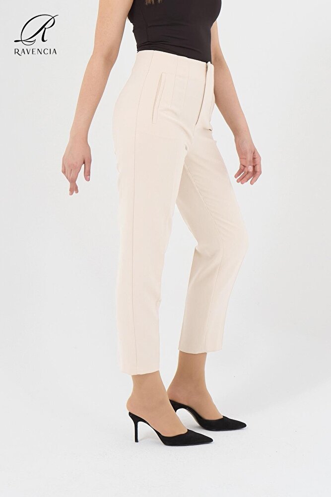 Kadın Model Yüksek Bel Kumaş Koyu Kırmızı Pantolon