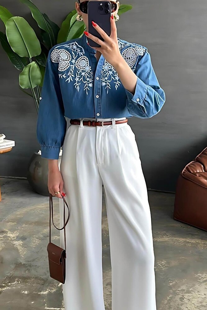 Kadın %100 Pamuk Hakim Yaka Ajurlu Gömlek