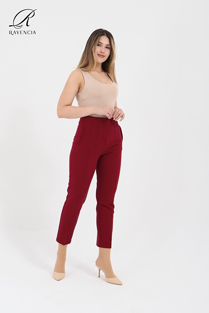 Kadın Model Yüksek Bel Kumaş Koyu Kırmızı Pantolon