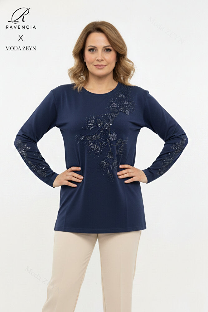 Kadın Orta Yaş Ve Üzeri Viskon Yapraklı Desen Taşlı Yırtmaçlı İşlemeli Likralı Anne Penye Bluz