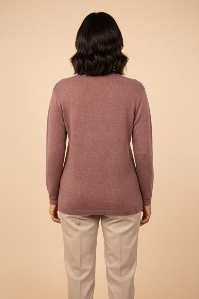 Kadın Bisiklet Yaka Likralı Desenli Triko Anne Kazak