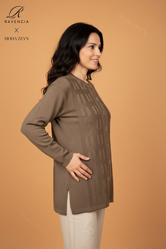 Kadın Bisiklet Yaka Likralı Desenli Triko Anne Kazak